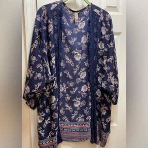 Xhileration Boho Kimono Wrap Navy Floral with Coral Accent Color